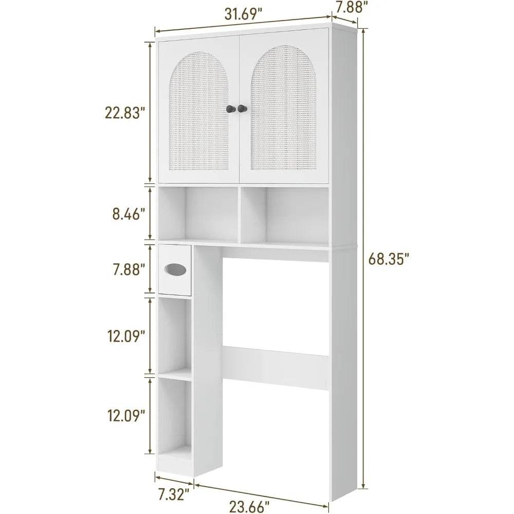 Over-the-Toilet Rattan Storage Cabinet with Double Doors and Toilet Paper Stand, Freestanding - Loft&Timber
