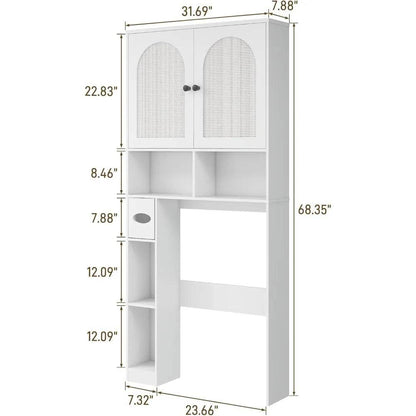 Over-the-Toilet Rattan Storage Cabinet with Double Doors and Toilet Paper Stand, Freestanding - Loft&Timber