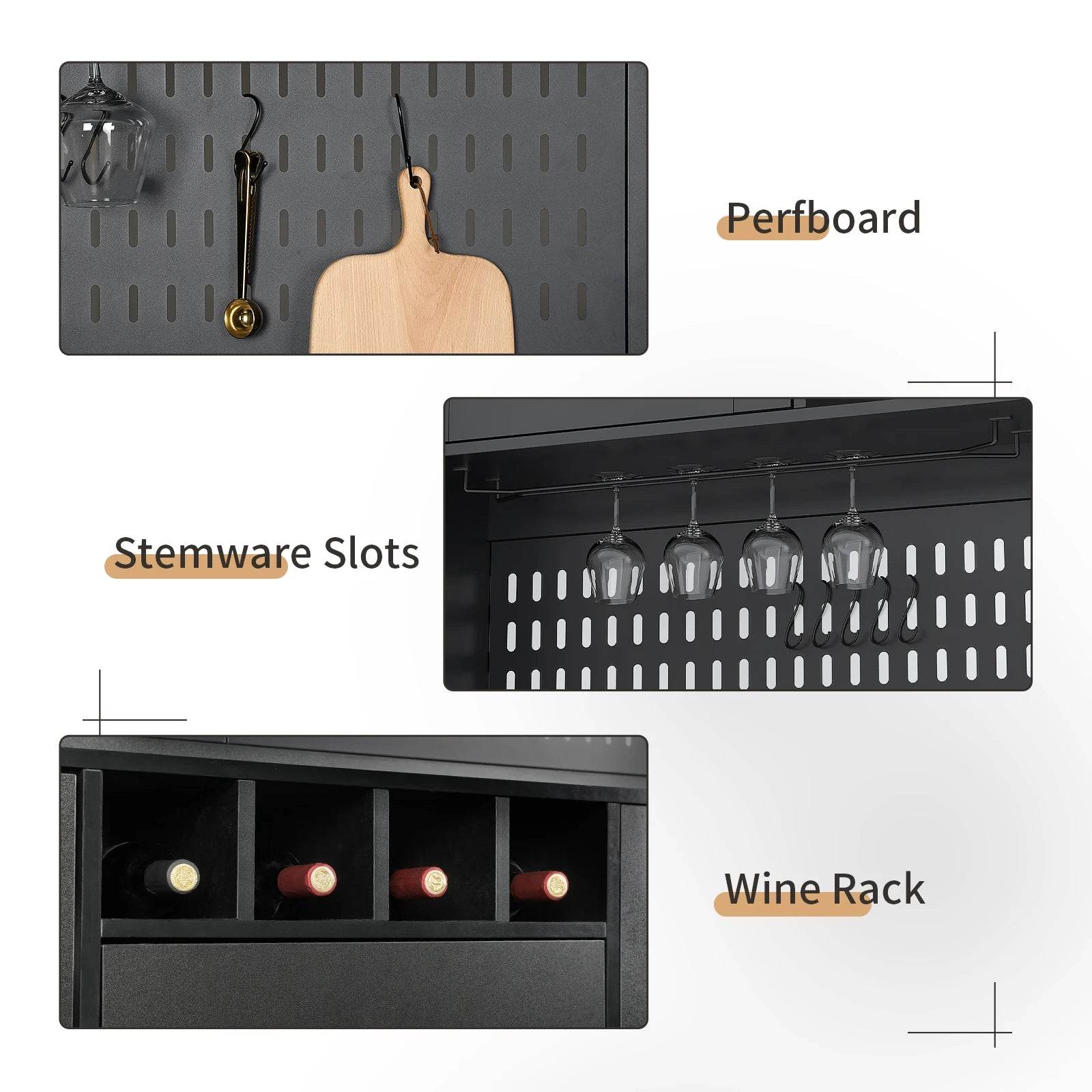 Pantry Cabinet, Kitchen Storage Cabinet, Freestanding Buffet Hutch with Pegboard, Cup Holder, Power Outlet, Black - Loft&Timber