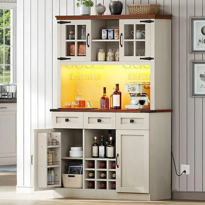 Coffee Bar Cabinet with Power Outlet/Lights, 72" Pantry wers, Tall Liquor Cabin - Loft&Timber