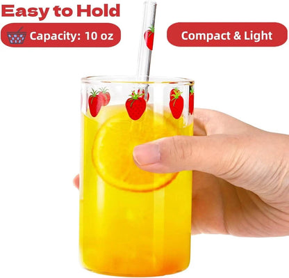 4 Sets Strawberry Cups, 300ML Clear Small Glass Strawberry Drinking Cups with 4 Pieces and Straws - Loft&Timber