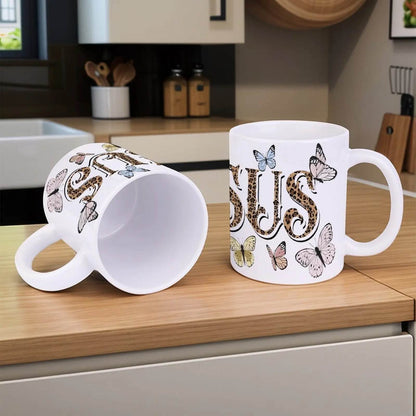 The Word Jesus Surrounded By Butterflies And Leopard Print Ceramic Coffee Mug Bible Verse Cup, 330ml Drinkware - Loft&Timber