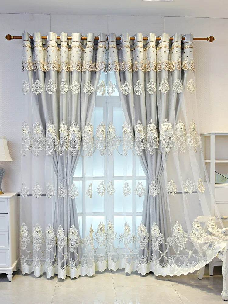 Elegant Double-Layer Curtains with Embossed Base & 3D Embroidered Detailing - Loft&Timber