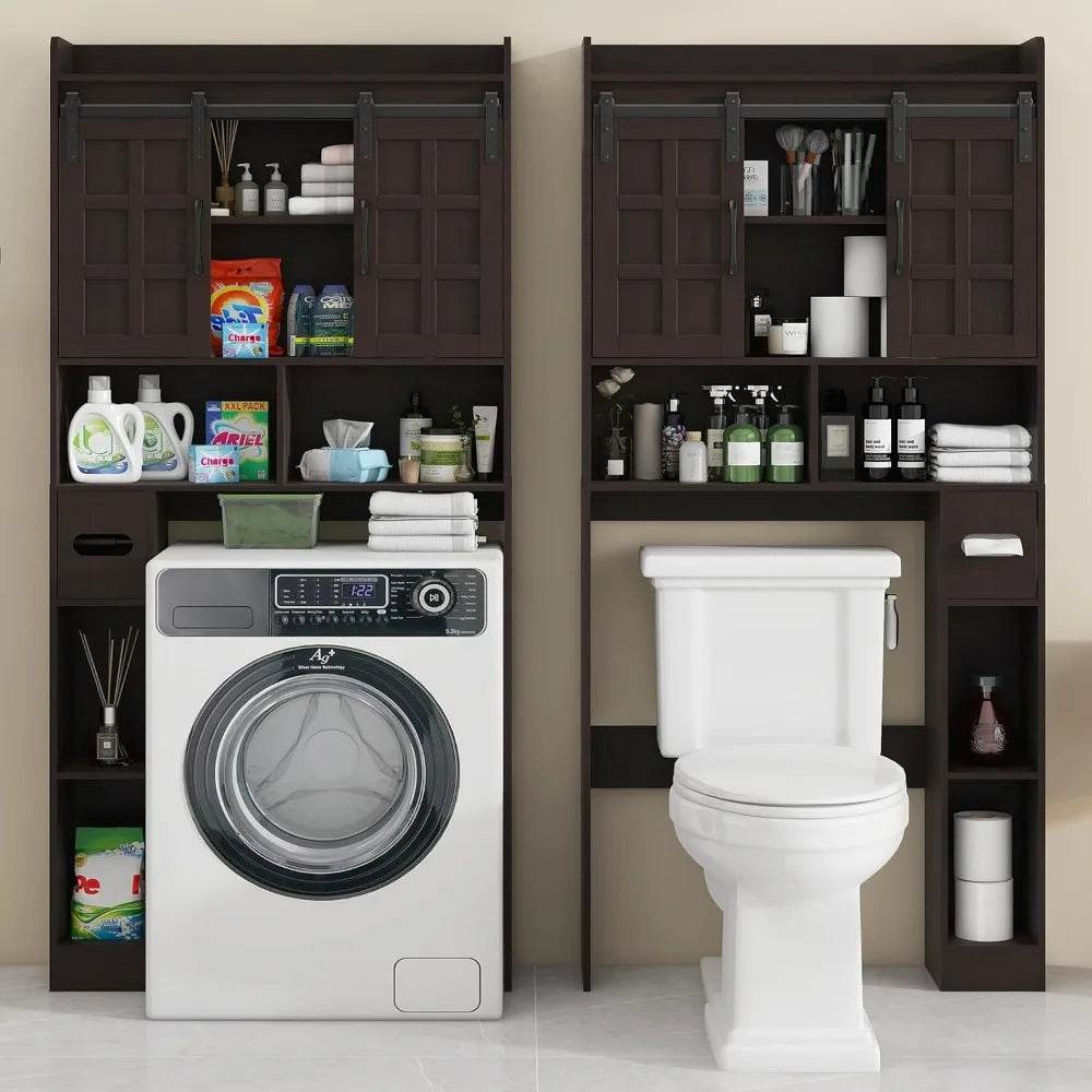 rustic over-the-commode storage with sliding doors for bathroom space efficiency - Loft&Timber