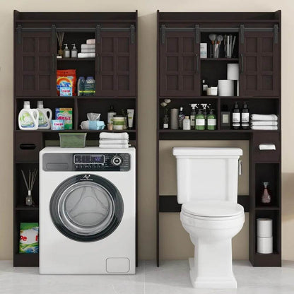 rustic over-the-commode storage with sliding doors for bathroom space efficiency - Loft&Timber