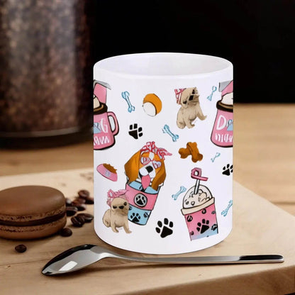A Group of Cartoon Dogs with Drinks And Paw Prints.1 Water Bottles, 330ml Coffee Cup - Loft&Timber