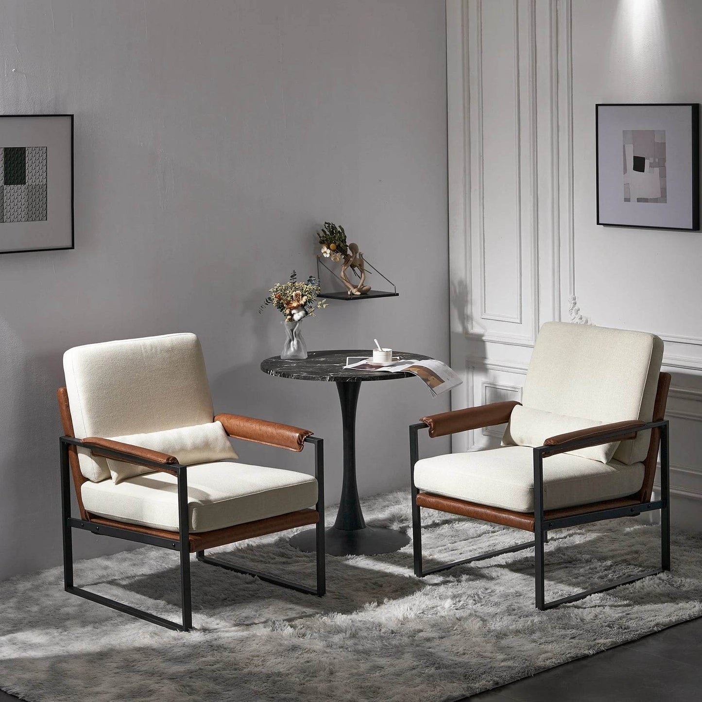 Single Iron Frame Chair Soft Cover Beige Brown Honeycomb Leather Armrest Frame - Loft&Timber