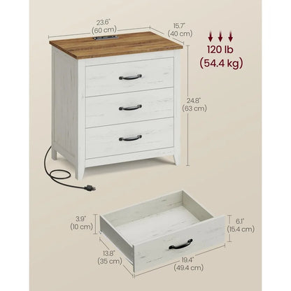 Charging Station Farmhouse Nightstand - 3 Drawer Bedside Table for Bedroom