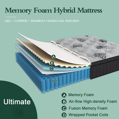 9"12"14" Twin Full Queen King Size Memory Foam Pocket Spring Hydird Mattress In A Box Medium Firm