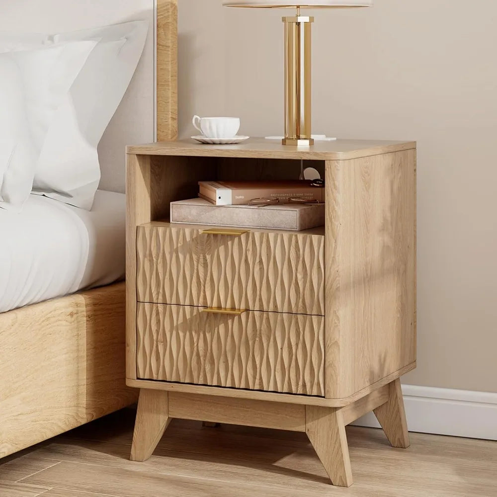 18" Fluted Nightstand - Modern Bedside Table with Charging Station & Storage Drawers