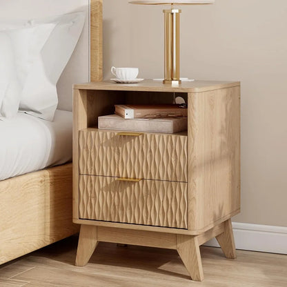 18" Fluted Nightstand - Modern Bedside Table with Charging Station & Storage Drawers