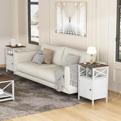End Table Set of 2 with Charging Station, Side Table with Power Outlet & USB Ports, Nightstand with 2 Tiers Storage Space and St