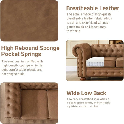 Chesterfield Leather Sofa, 89" Mid Century Modern Couch with Low Back - Loft&Timber