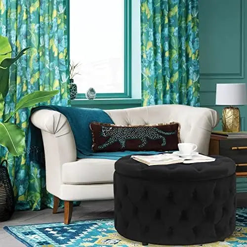 Round Storage Ottoman, Button Tufted, Black