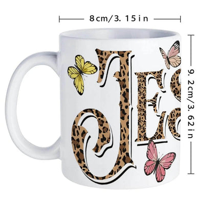 The Word Jesus Surrounded By Butterflies And Leopard Print Ceramic Coffee Mug Bible Verse Cup, 330ml Drinkware - Loft&Timber