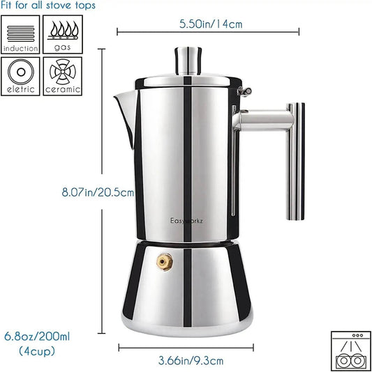 Stovetop Espresso Maker Stainless Steel Italian Coffee Machine Maker 4Cup 6.8 oz Induction Moka Pot - Loft&Timber