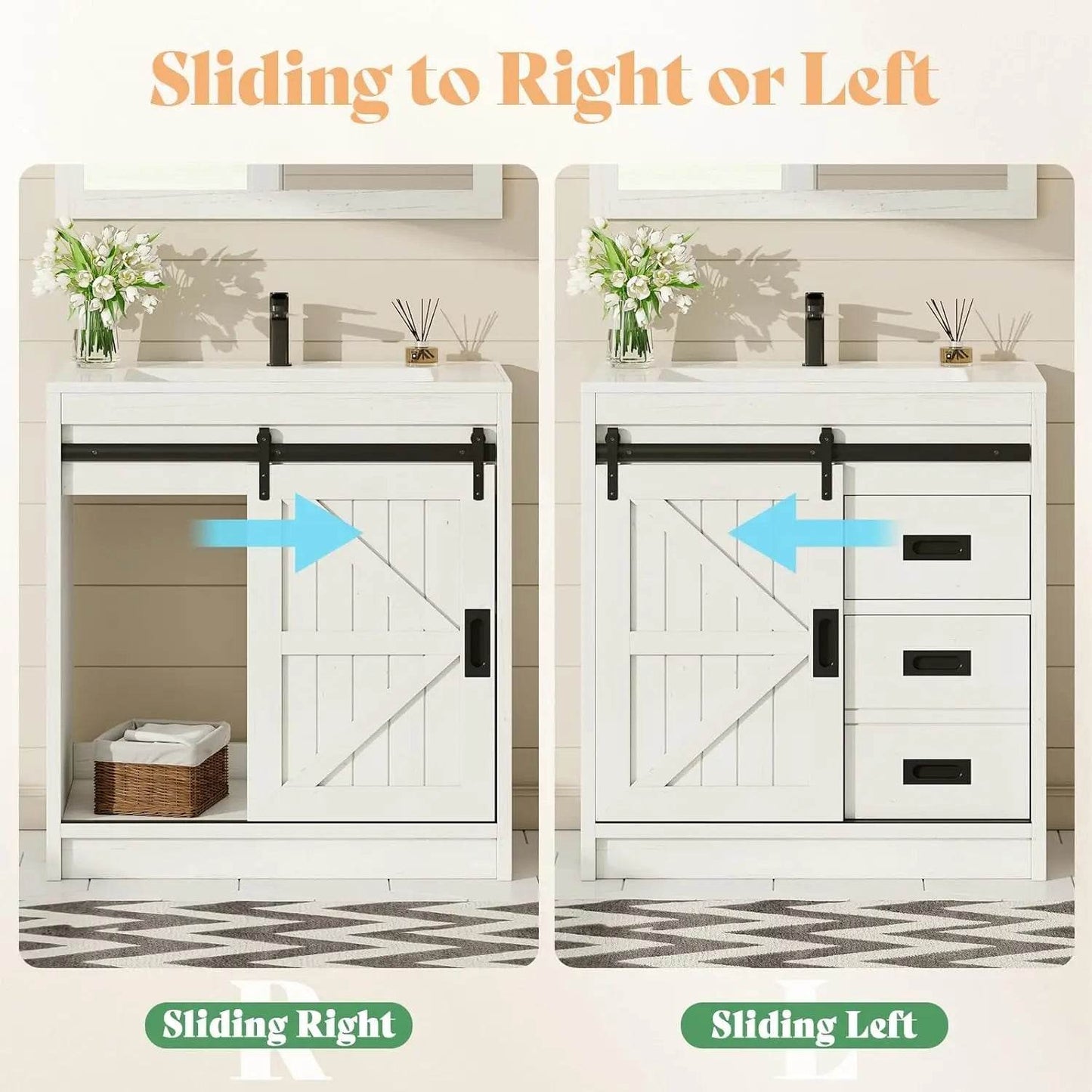 Farmhouse Bathroom Vanity with Sink Combo 31in Sliding Barn Door Bathroom Vanity Cabinet Set with Storage Drawers, Metal Handles - Loft&Timber