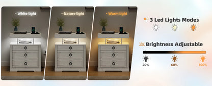 JDPAG Farmhouse Nightstand with Lockable Gun Drawer,3 Color Dimmable LED End Table with Charging Station,Bedside Table with Huma