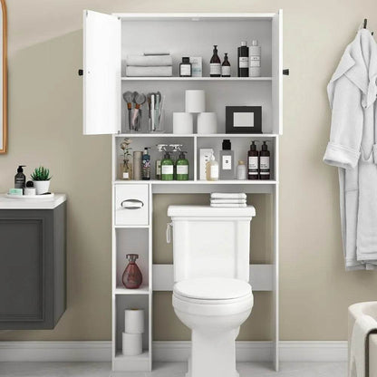 Over-the-Toilet Rattan Storage Cabinet with Double Doors and Toilet Paper Stand, Freestanding - Loft&Timber