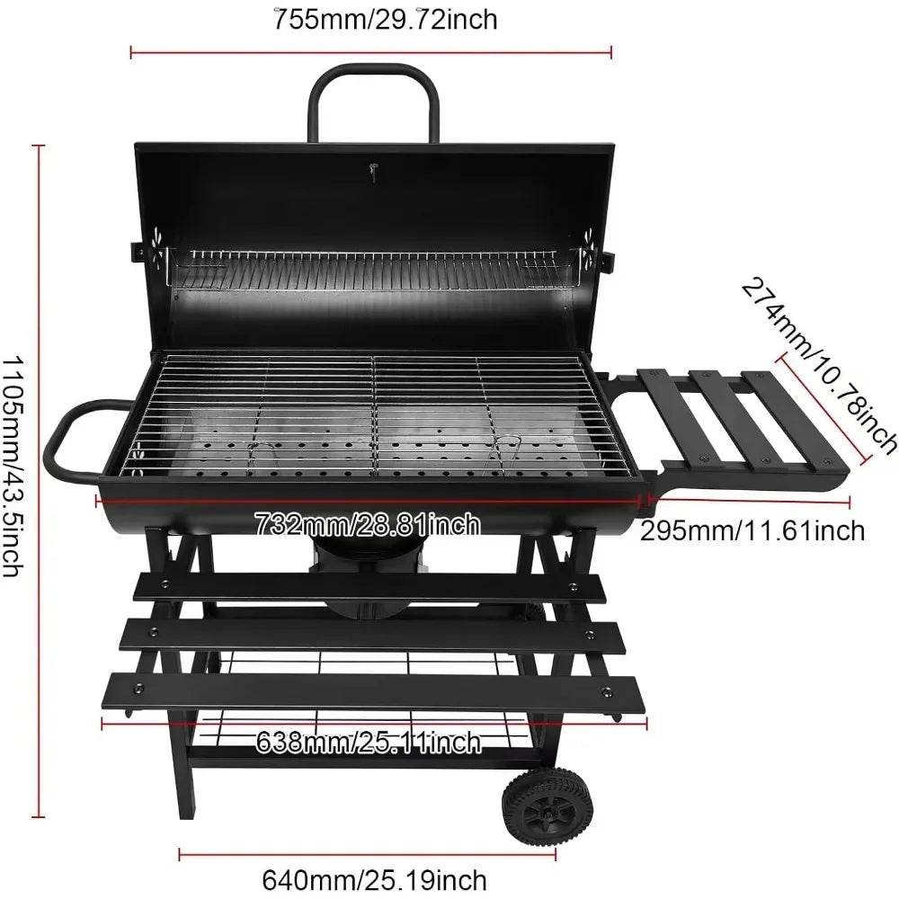 Charcoal BBQ Grill, 2 Foldable Side Tables, 28-Inch - Loft&Timber
