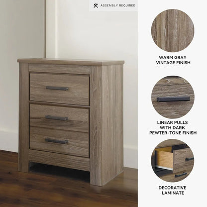 ashley zelen signature rustic modern two-drawer nightstand, 29.45" height, warm gray finish