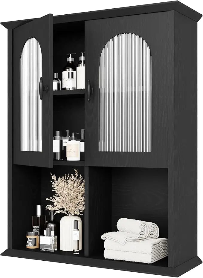black over-the-toilet storage cabinet with fluted door, 23.6" x 29.5" medicine cabinet