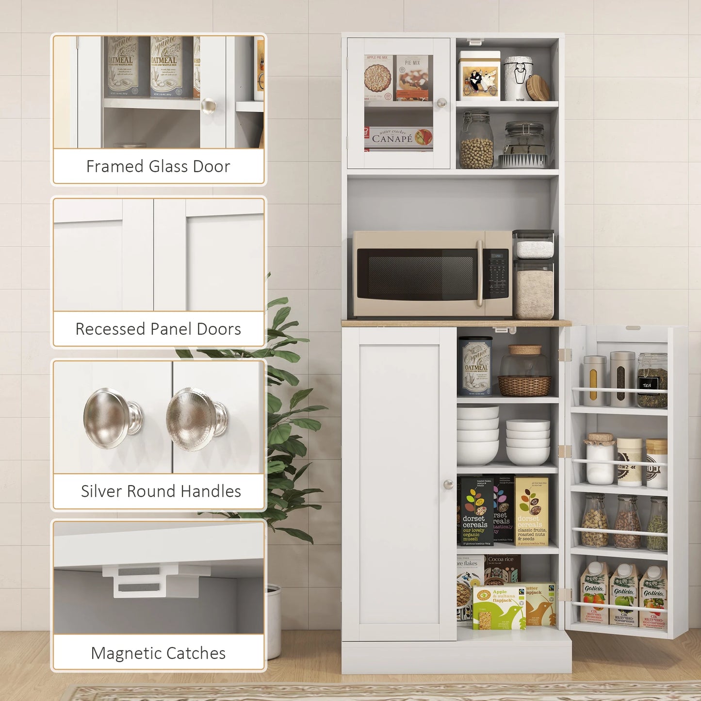 HOMCOM 66.5" Tall Kitchen Pantry Storage Cabinet with Microwave Stand White - Loft&Timber