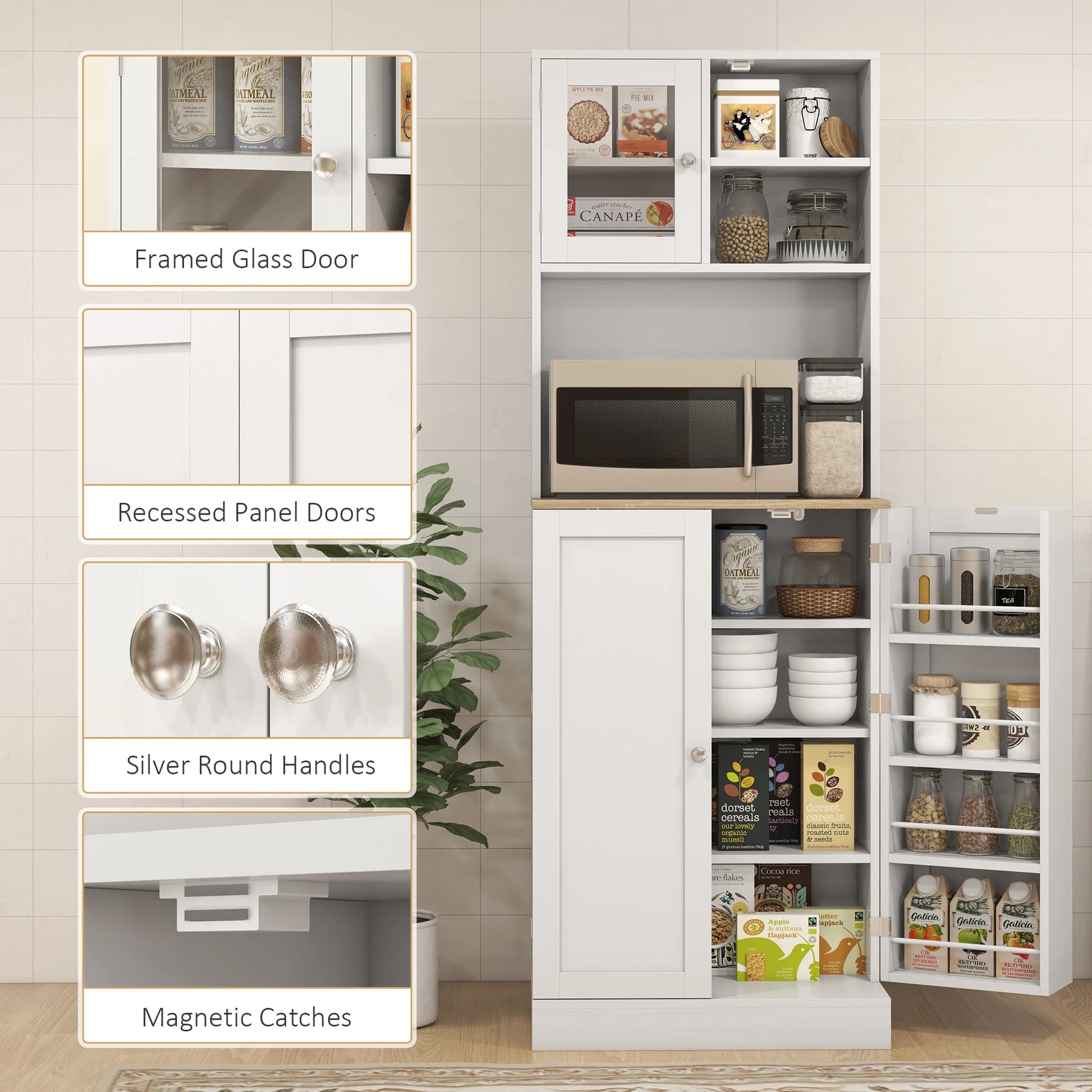 HOMCOM 66.5" Tall Kitchen Pantry Storage Cabinet with Microwave Stand White - Loft&Timber