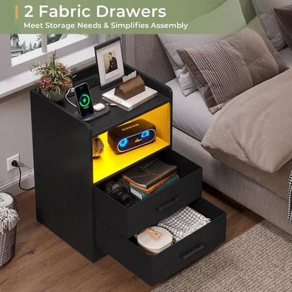 Night Stand Set of 2 with LED Lights and Charging Station, Modern Bedside End Table with 2 Fabric Storage Drawers, Black