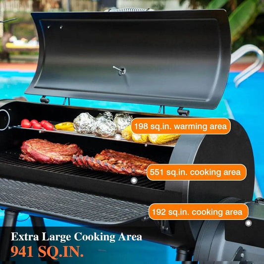 Heavy-Duty Charcoal Smoker Grills Extra Large Outdoor BBQ Gill with Offset Smoker, 941 SQ.IN. Cooking Area with Warming Tray - Loft&Timber