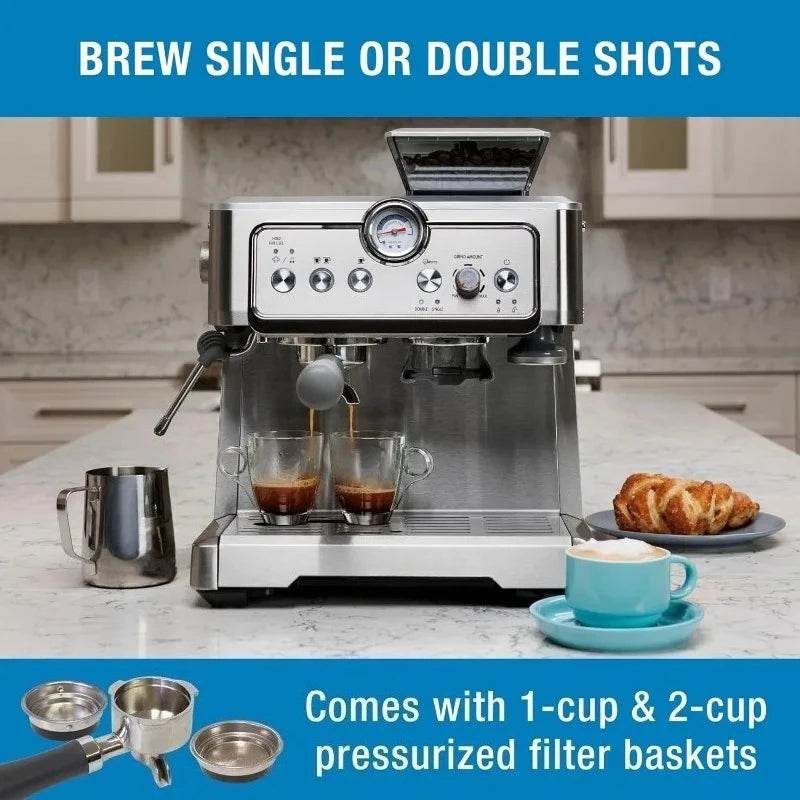 Machine - Semi Automatic Coffee Maker With Auto Tamper, Auto Cleaning, Milk Steamer & Frother, & Bean Grinder - Loft&Timber