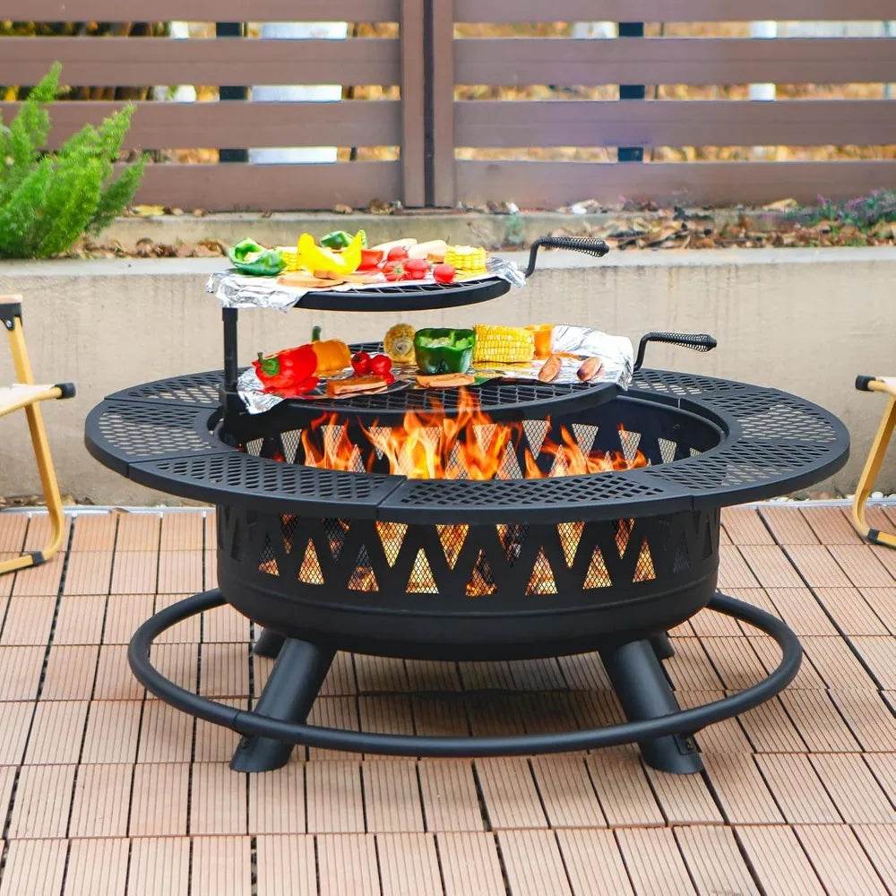 42 Inch Fire Pit with 2 Grills, Large Outdoor Firepits for Outside, Wood Burning Fireplace, 3-in-1 Ro - Loft&Timber