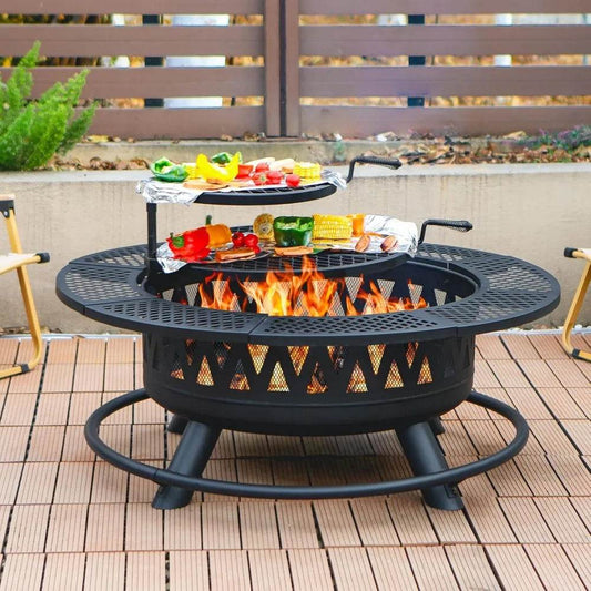 42 Inch Fire Pit with 2 Grills, Large Outdoor Firepits for Outside, Wood Burning Fireplace, 3-in-1 Ro - Loft&Timber