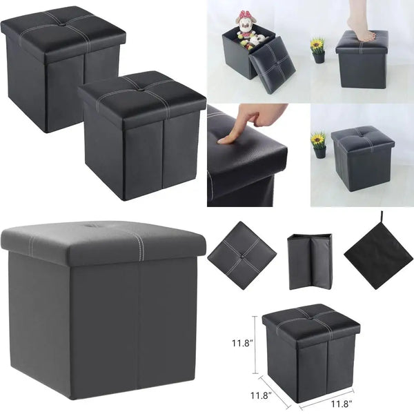 Black Leather Storage Ottoman Coffee Table with Folding Foot Stool, 11.8x11.8x11.8 inches, Set of 2 for Living and Bedroom Use