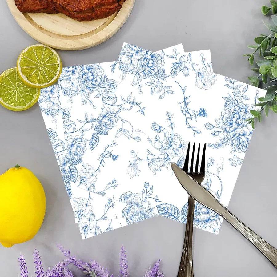 50 Pack Blue Floral Cocktail napkins Blue and White Floral Paper - Loft&Timber