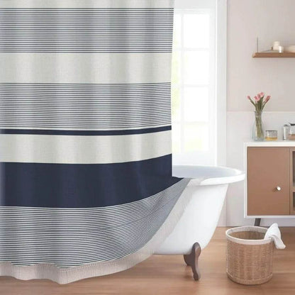 Boho Farmhouse Navy Blue Stripe Tassel Shower Curtain Set 72 x 72 Inches Bohemian Style - Loft&Timber