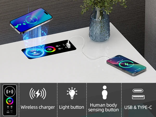 JDPAG LED Nightstand with Wireless Charging Station,Black Night Stand with 2 Drawers,Glass Top Smart Bedside Table