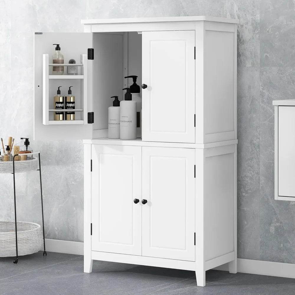 Elegant Bathroom Floor Storage Cabinet, Bathroom Storage Unit, Freestanding Cabinet with 4 Doors (White) - Loft&Timber