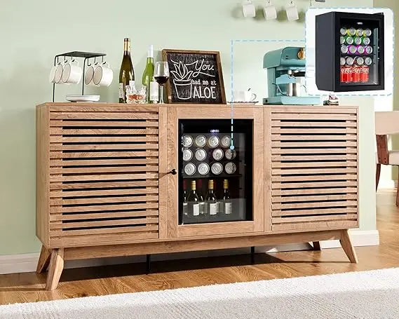 60" coffe bar cabinet with built-in beverage refrigerator– wine bar with 24 cans mini fridge and sideboard buffet cabinet