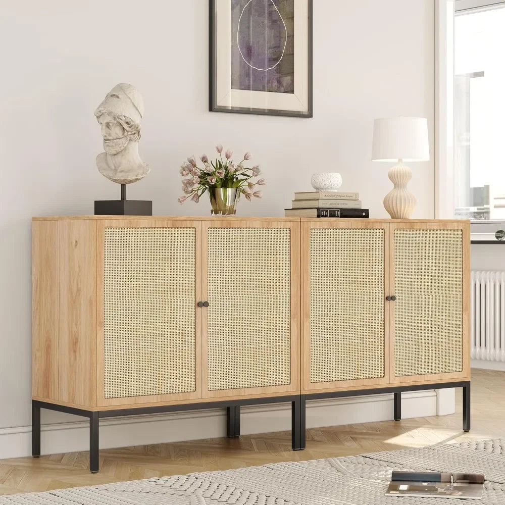 63" Wide Set of 2 Sideboard Cabinet with Natural Rattan Decorated Doors - Loft&Timber