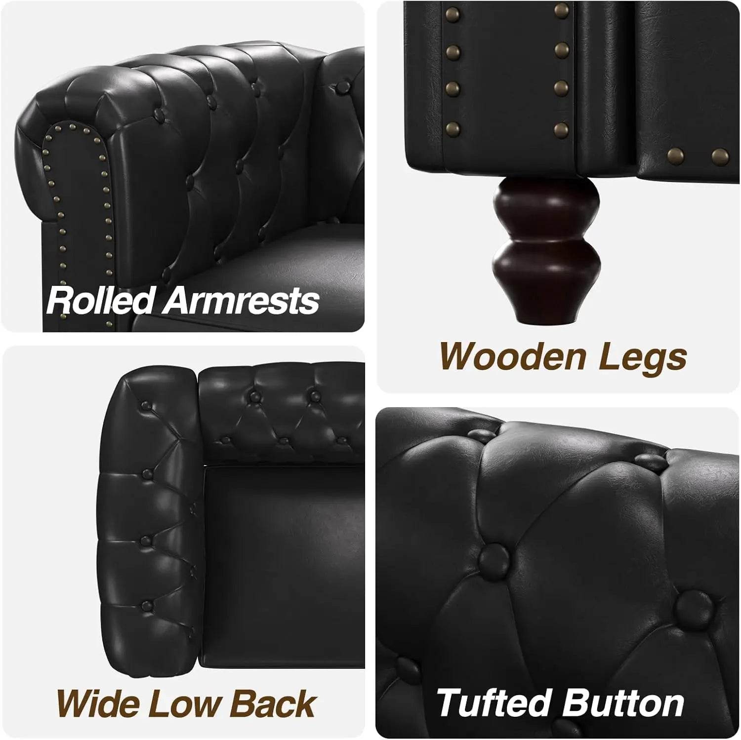 Chesterfield Faux Leather Sofa Couch with Wooden Legs - Loft&Timber