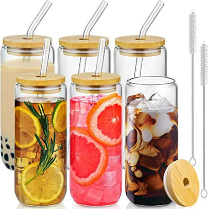 20 Oz Drinking Glasses with Bamboo Lids and Glass Straw 6 Pcs Set - Loft&Timber