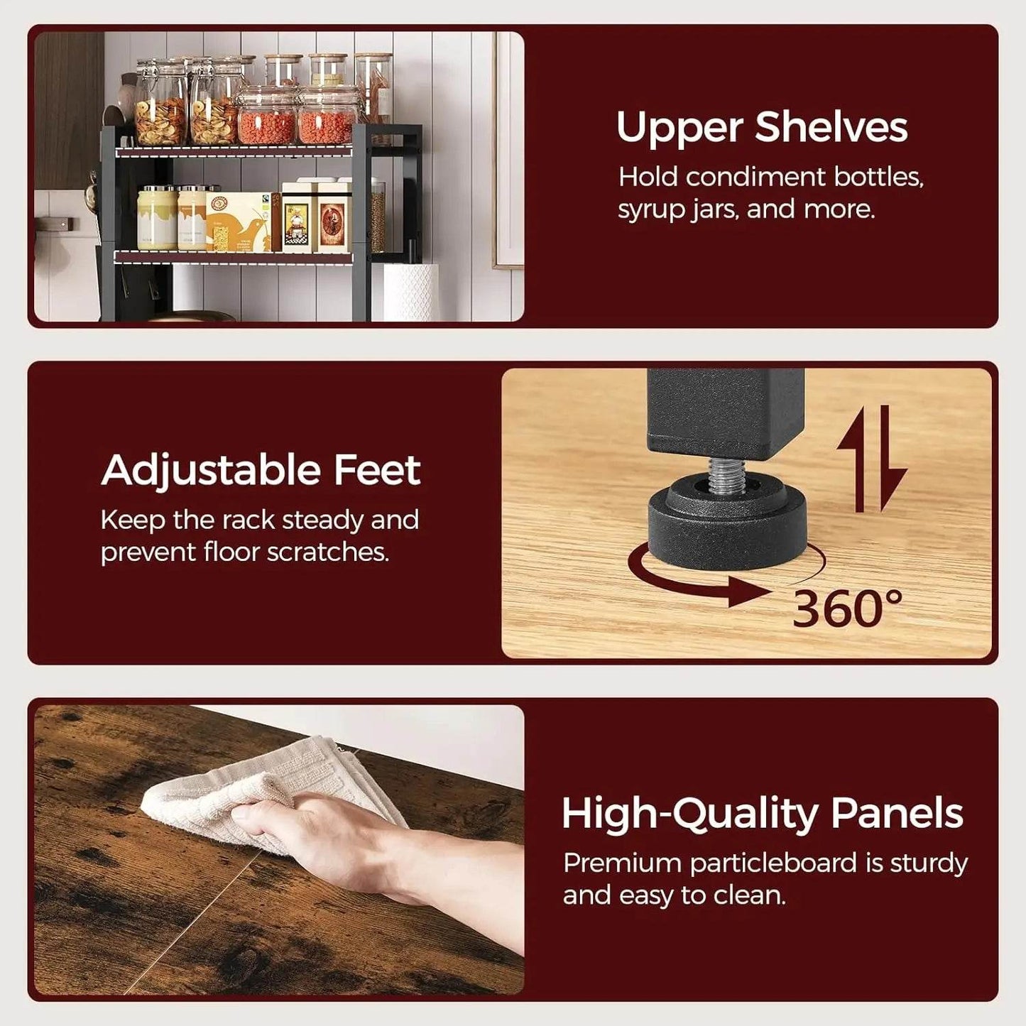 Bakers Rack with Mini Fridge Shelf, 3-Tier Microwave Stand, Coffee Bar Station with Paper Holder