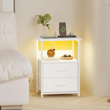 Nightstand Set of 2 Night Stand with Charging Station, LED Nightstand with Fabric Drawers, End Table with PU Finish, Bed Side Ta