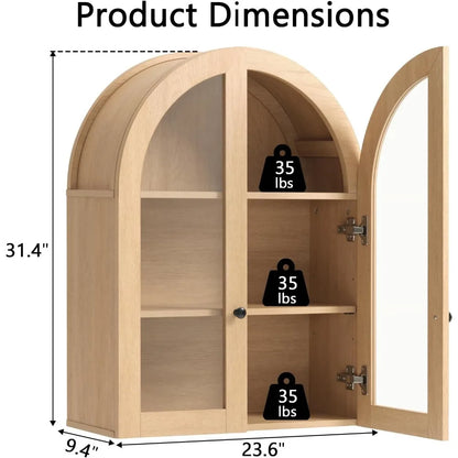 Arched wall-mounted bathroom cabinet with glass doors, 23.5" x 31.4" over-the-toilet storage