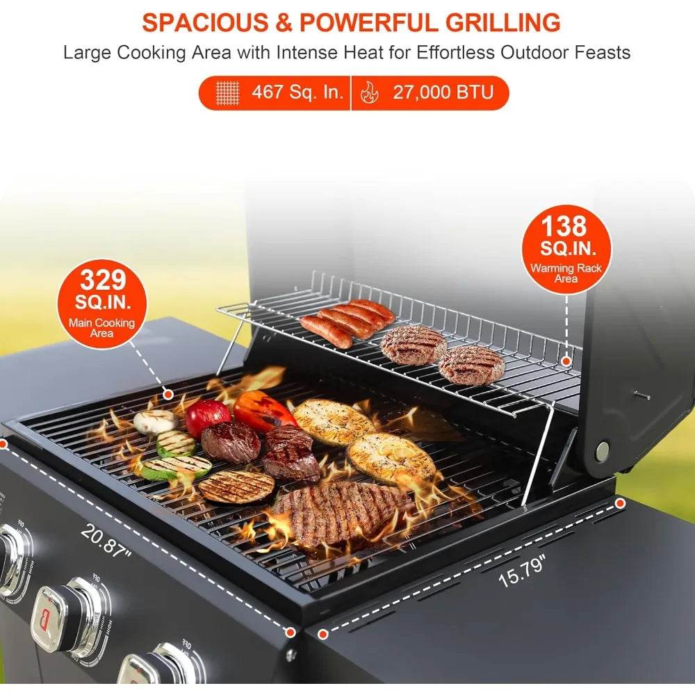 Brand-Man 3-Burner Propane Gas Grill, 27,000 BTU BBQ Grill with Porcelain-Enameled Grates, Built-In Thermometer, Side Shelves, H - Loft&Timber