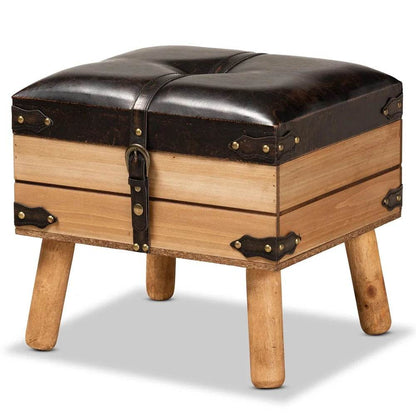 Rustic PU Leather Storage Ottoman Lift Top Brown Oak Wood - Loft&Timber