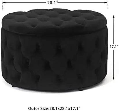 Round Storage Ottoman, Button Tufted, Black