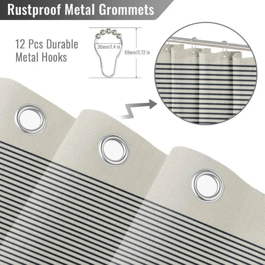 Boho Farmhouse Navy Blue Stripe Tassel Shower Curtain Set 72 x 72 Inches Bohemian Style - Loft&Timber