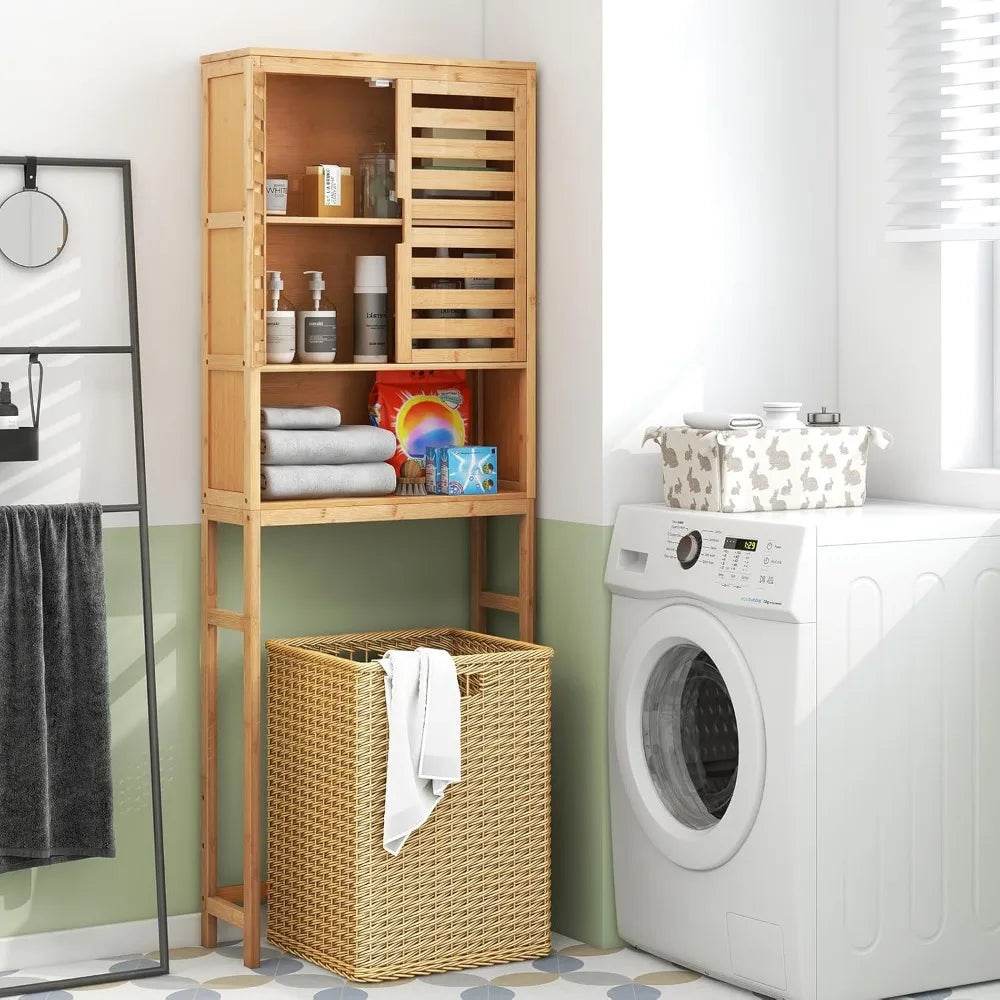freestanding tall bamboo bathroom shelf with two doors and open storage above toilet - Loft&Timber